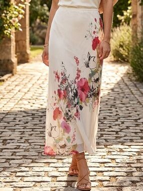 Y2K Adrianna Papell Silk A Line Off-White Midi Skirt with Floral Accents Size 10